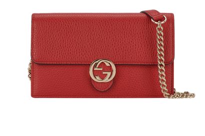 Interlocking G Wallet On Chain, &pound;475, Handbags, Red, Leather, Front view